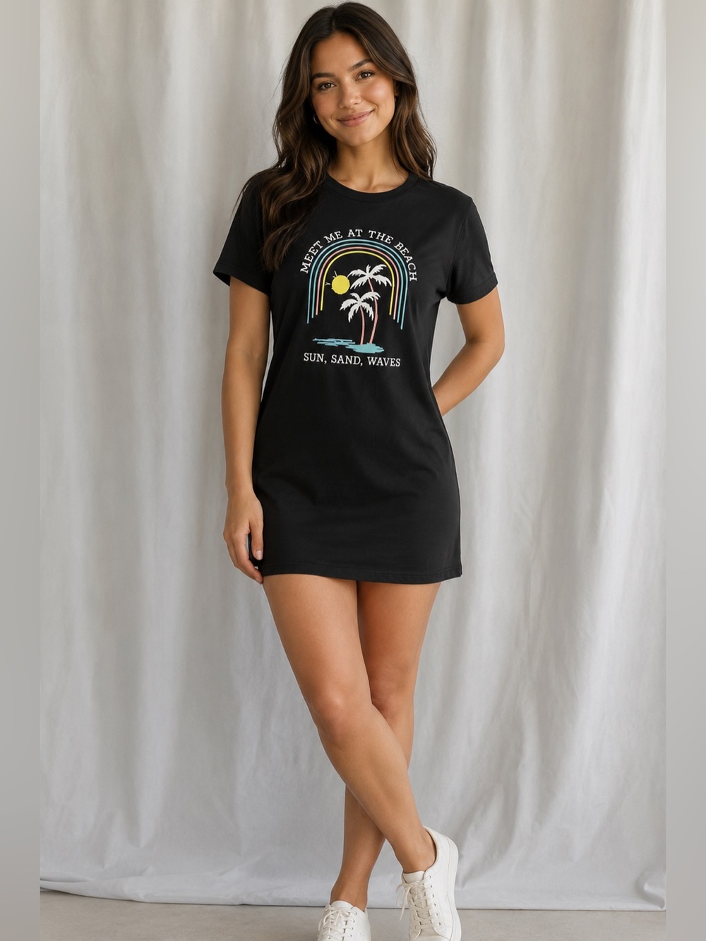 Joyspun Casual Black and Yellow Mini Dress with Crew Neck